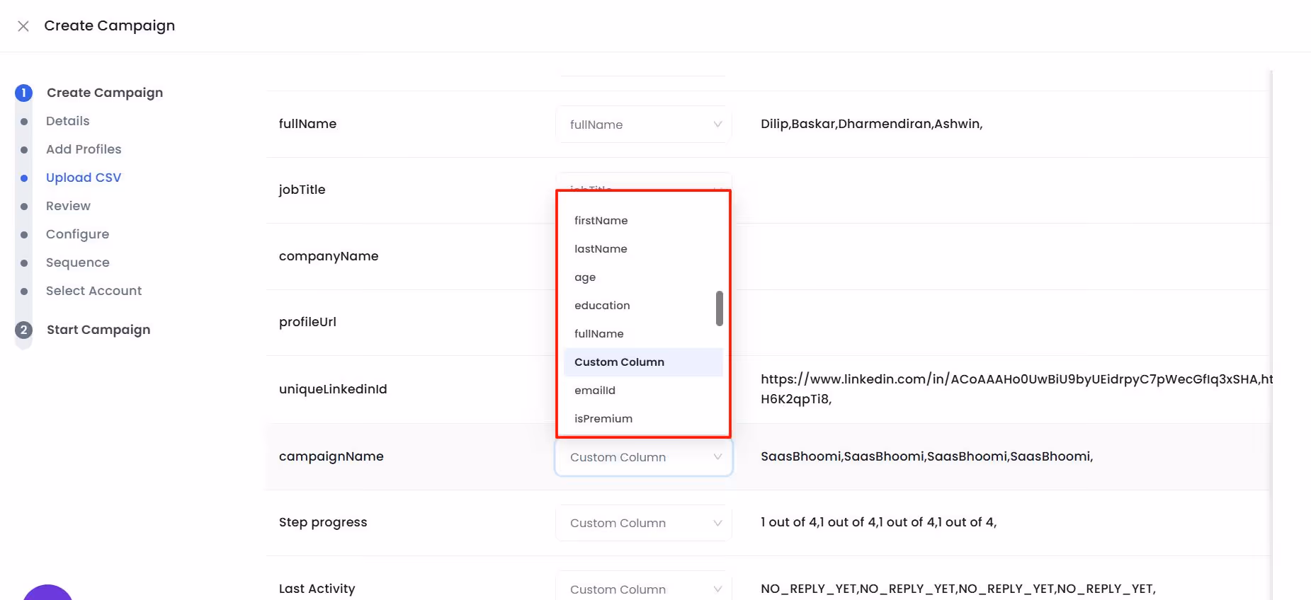 Mapping CSV columns to SalesRobot fields.