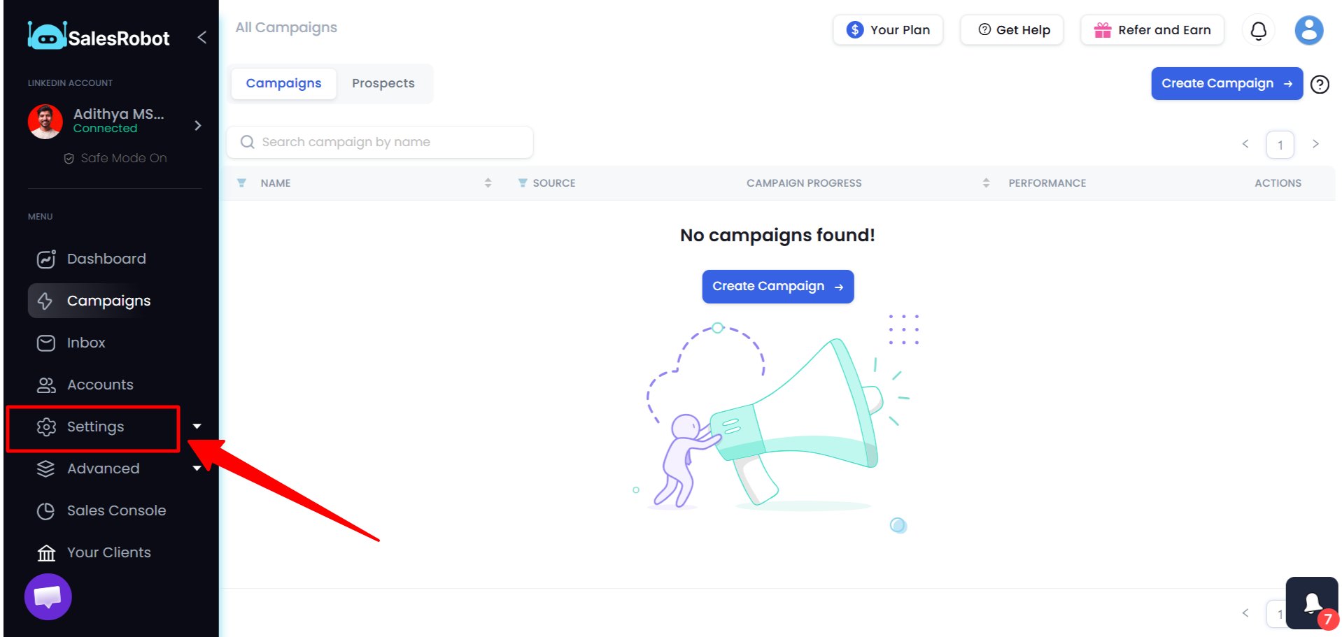 SalesRobot Settings button