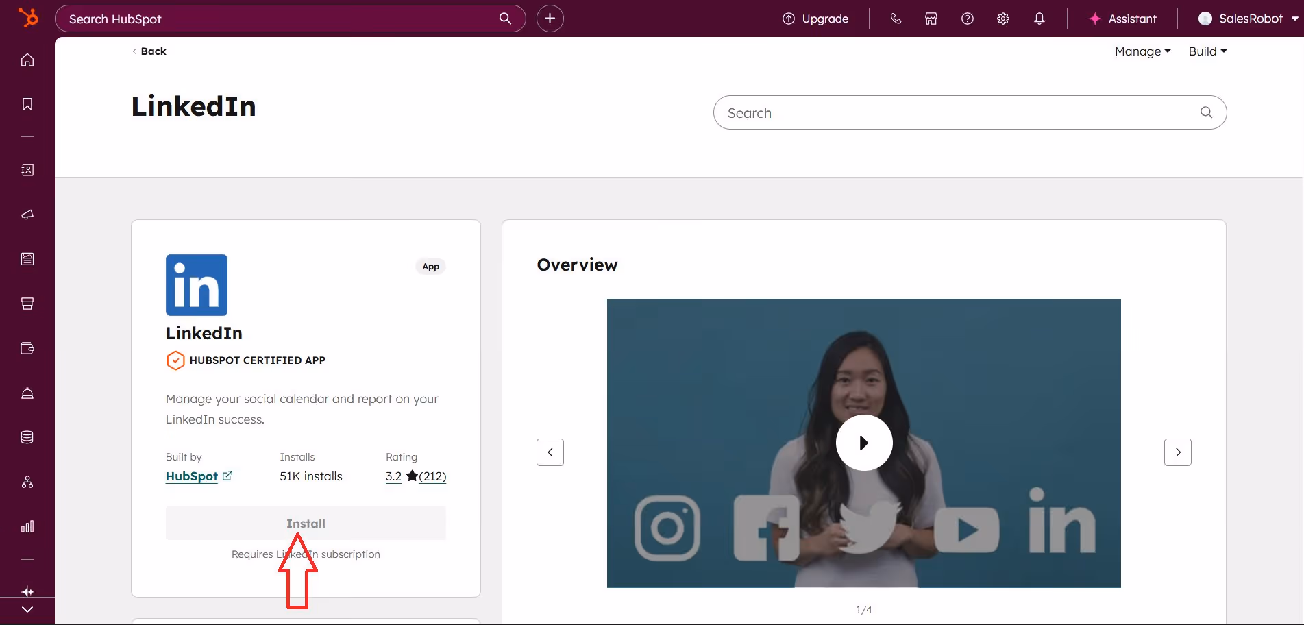 Hubspot Marketplace LinkedIn integration Install button