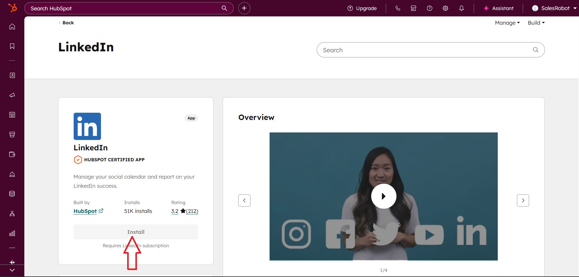 Hubspot Marketplace LinkedIn integration Install button