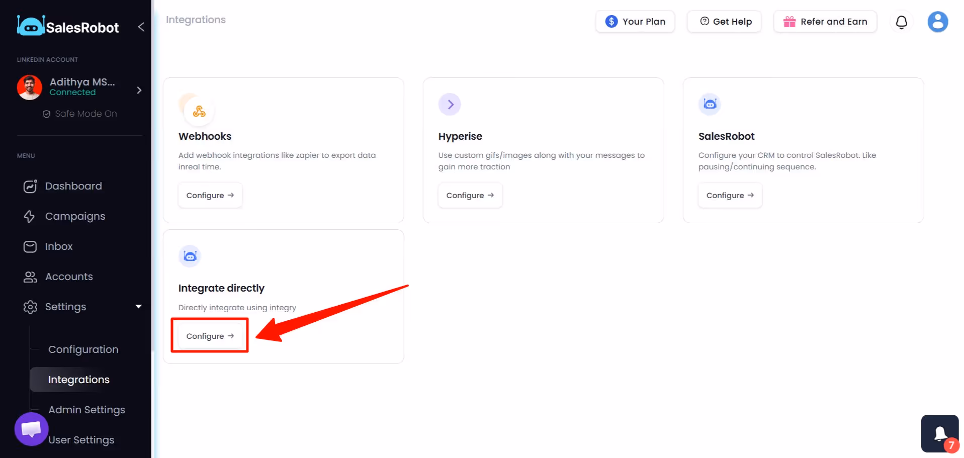 Configure button on the integrate directly option in SalesRobot