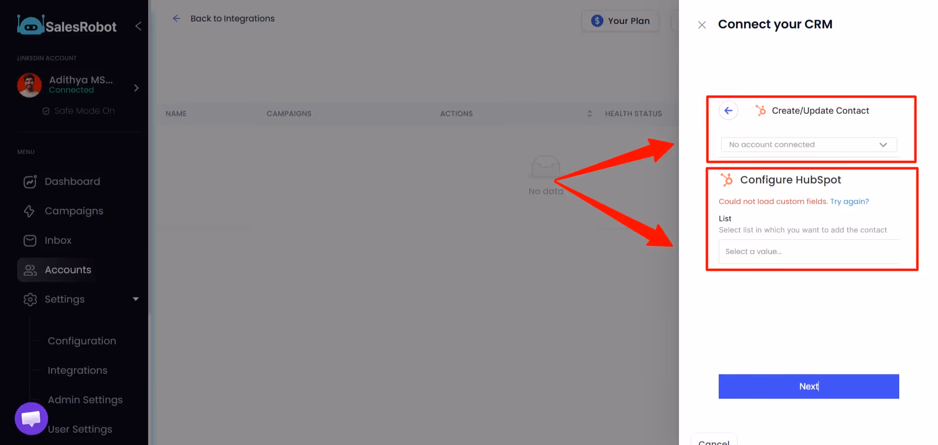 Options to create/update contacts and list selection for contact addition