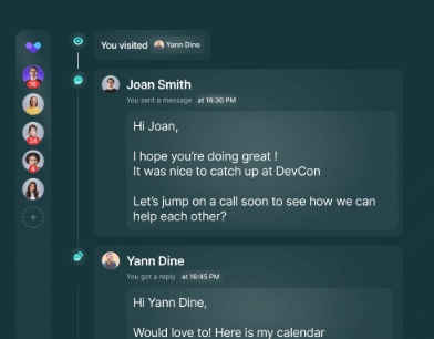 Chat interface showing a conversation with "Joan Smith" and "Yann Dine"