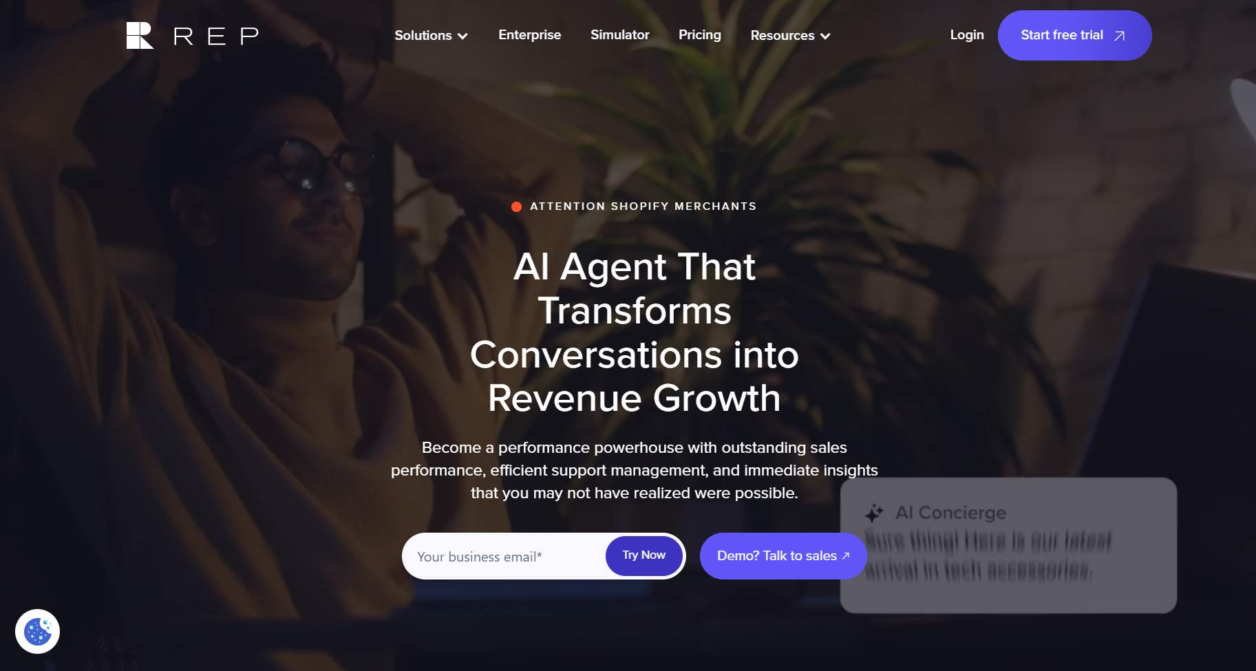  A man leaning back in a chair looking at a screen with text overlay that says AI Agent That Transforms Conversations into Revenue Growth.