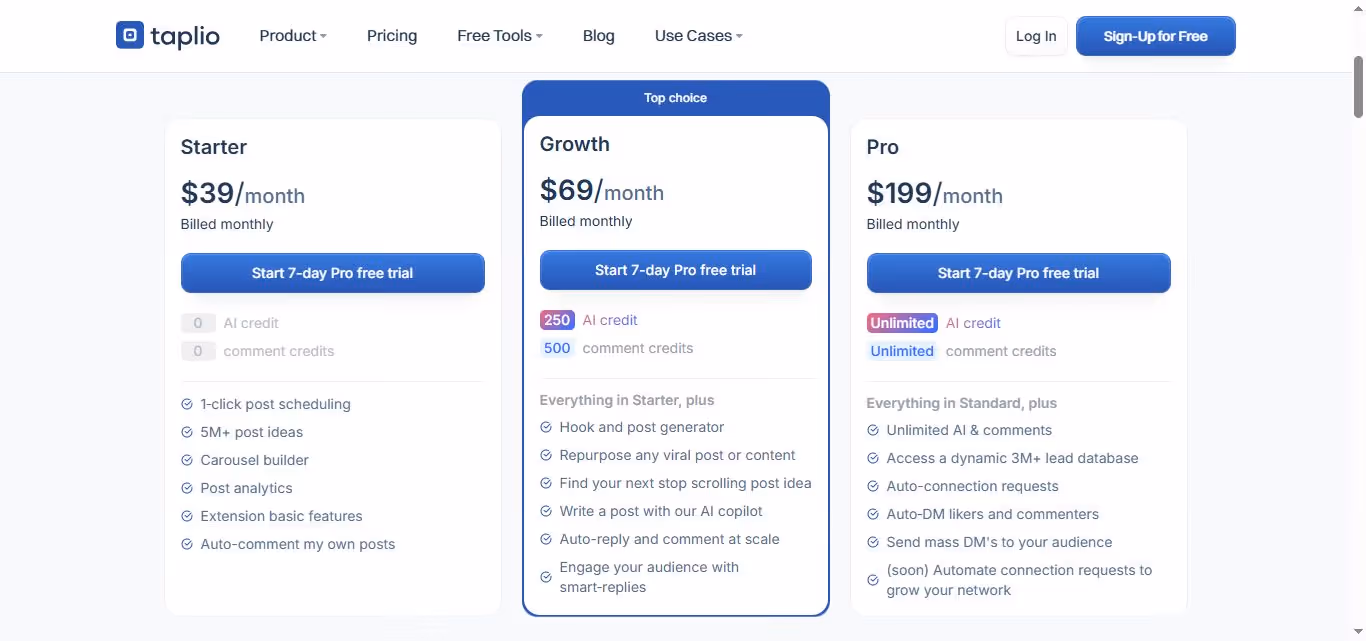 Taplio pricing page with "Starter", "Growth", and "Pro" plans.