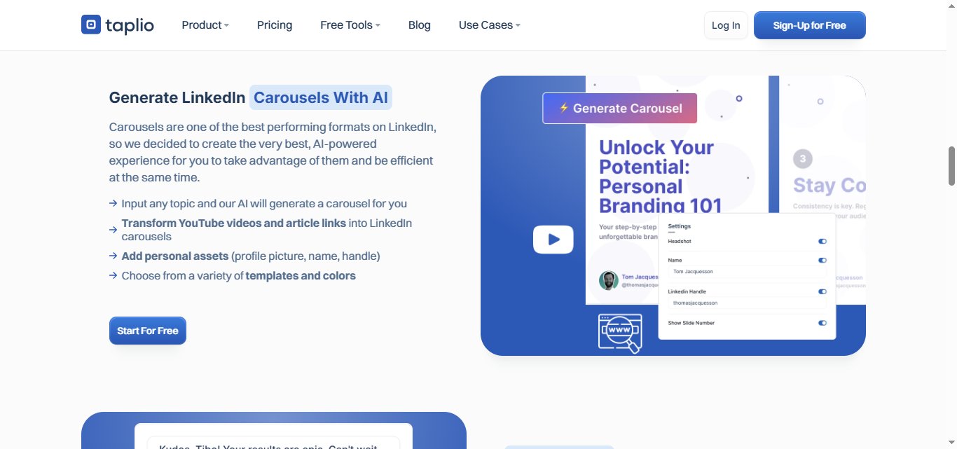Taplio homepage displaying "Generate LinkedIn Carousels With AI" feature.
