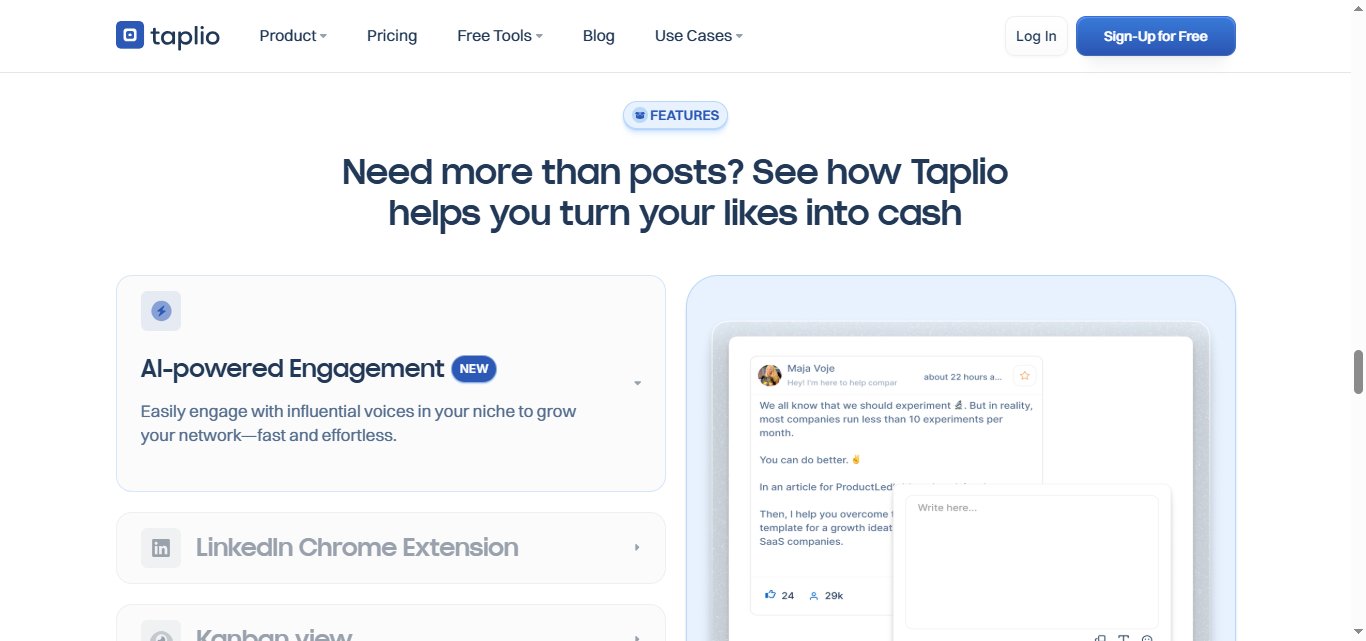 Taplio page explaining "AI-powered Engagement" and "LinkedIn Chrome Extension" features.