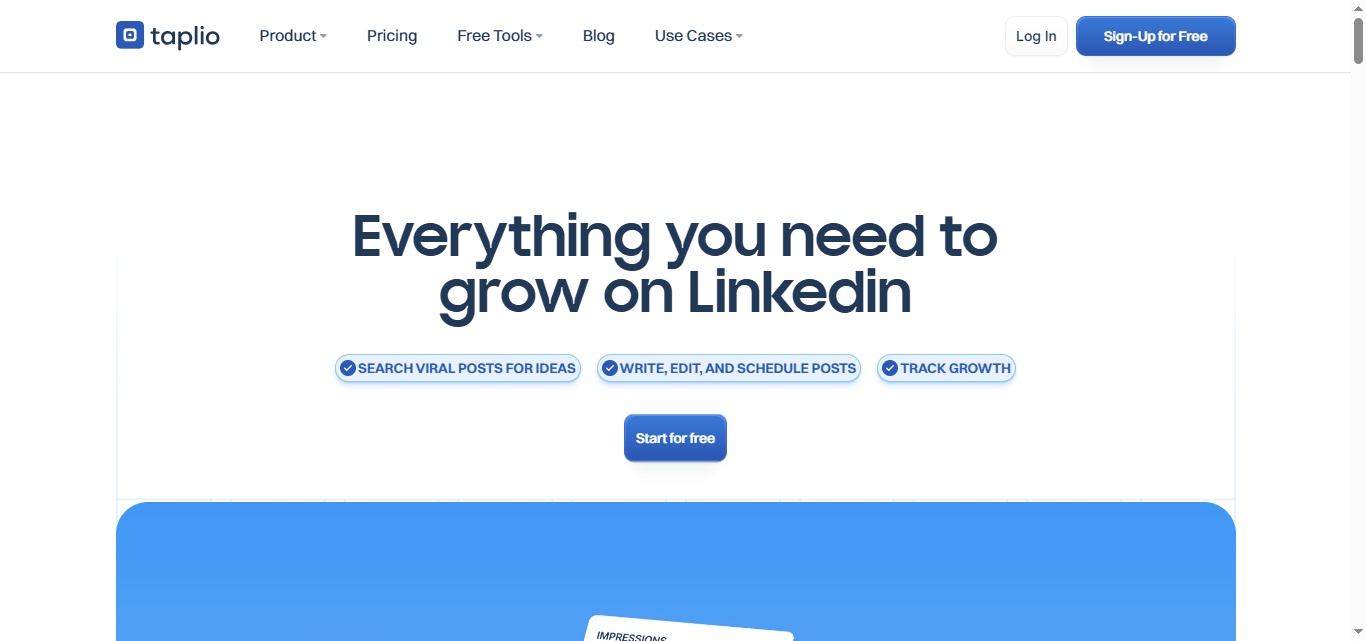 The Taplio logo, a blue square with a white rounded 't', next to the navigation links: Product, Pricing, Free Tools, Blog, Use Cases, Log In, and Sign-Up for Free.