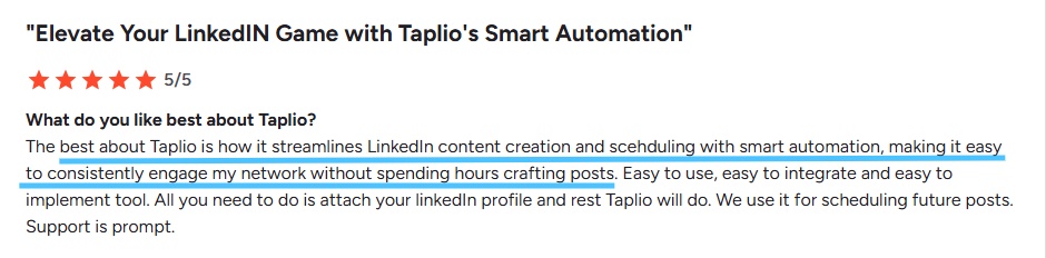 A 5/5 star rating for Taplio, followed by a positive review highlighting its content creation and scheduling features.
