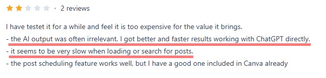 A 2-star review for Taplio, mentioning high cost, irrelevant AI output, slow loading speeds, and a redundant scheduling feature.