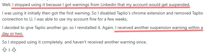 A user's negative experience with Taplio, detailing LinkedIn warnings about account suspension and the user's decision to stop using the service.