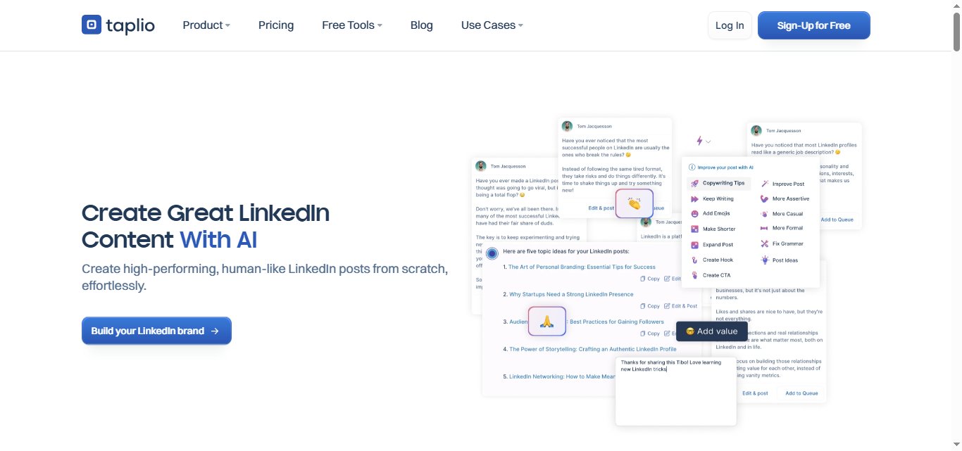 The Taplio logo, navigation links, and the headline 'Create Great LinkedIn Content With AI', with a call to action button 'Build your LinkedIn brand'. 