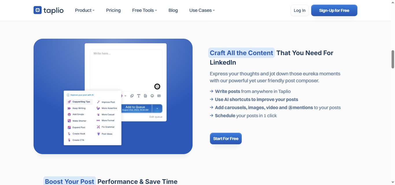 The Taplio logo, navigation links, and the headline 'Craft All the Content That You Need For LinkedIn', with a call to action button 'Start For Free'. 
