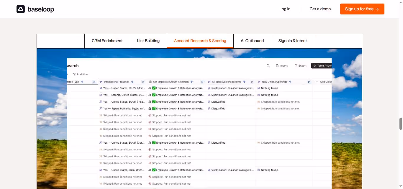 Baseloop platform showing the 'AI Outbound' tab.