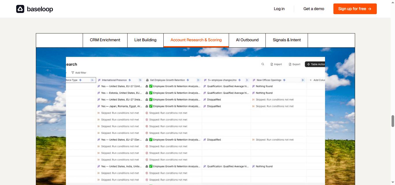 Baseloop platform showing the 'AI Outbound' tab.