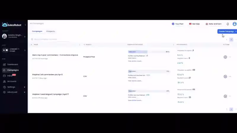 Screenshot of SalesRobot dashboard showing various email campaigns.
