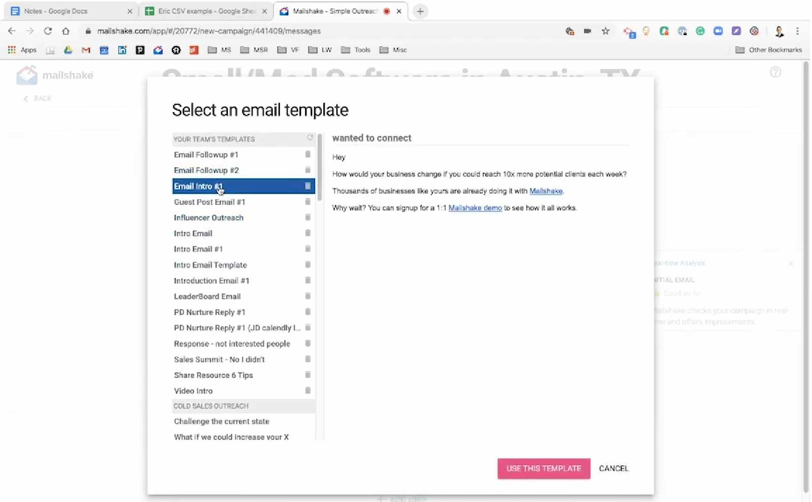 Screenshot of an email template selection screen in Mailshake.