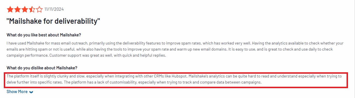 User feedback on what they dislike about Mailshake.