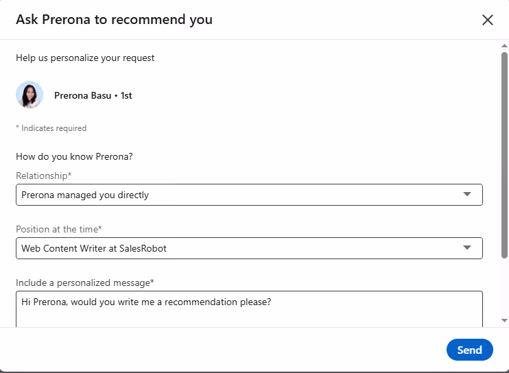LinkedIn recommendation request window