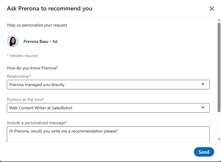 LinkedIn recommendation request window