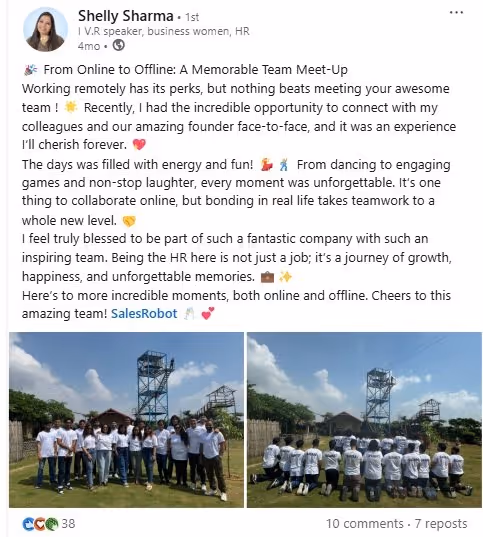 A LinkedIn post from Shelly Sharma about a memorable team meet-up.