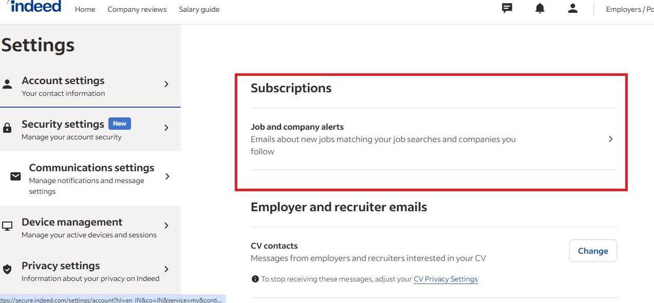 Screenshot of Indeed settings page, focusing on subscription options.