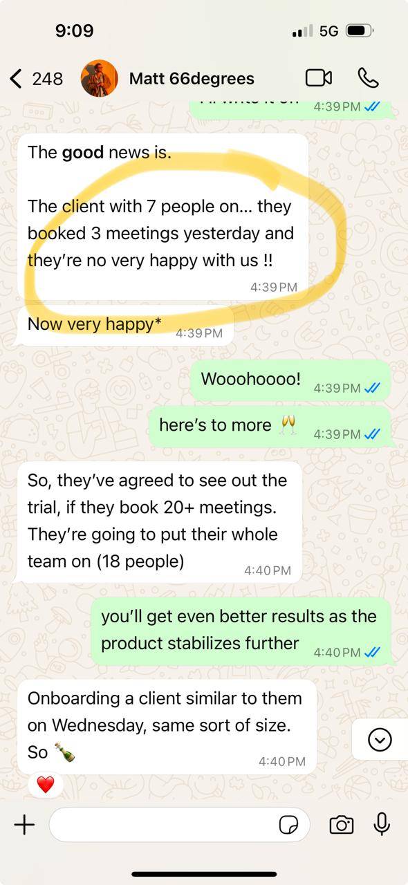 A screenshot of a text message conversation, highlighting a client booking meetings and expressing satisfaction with the service.
