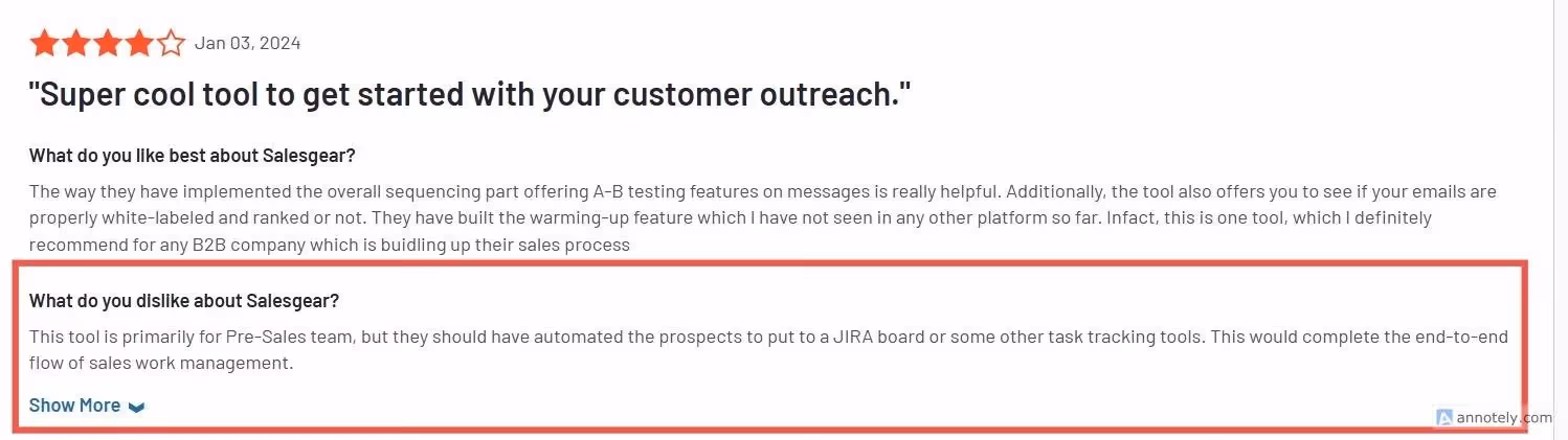 Positive review of Salesgear, highlighting its sequencing features and A/B testing capabilities.