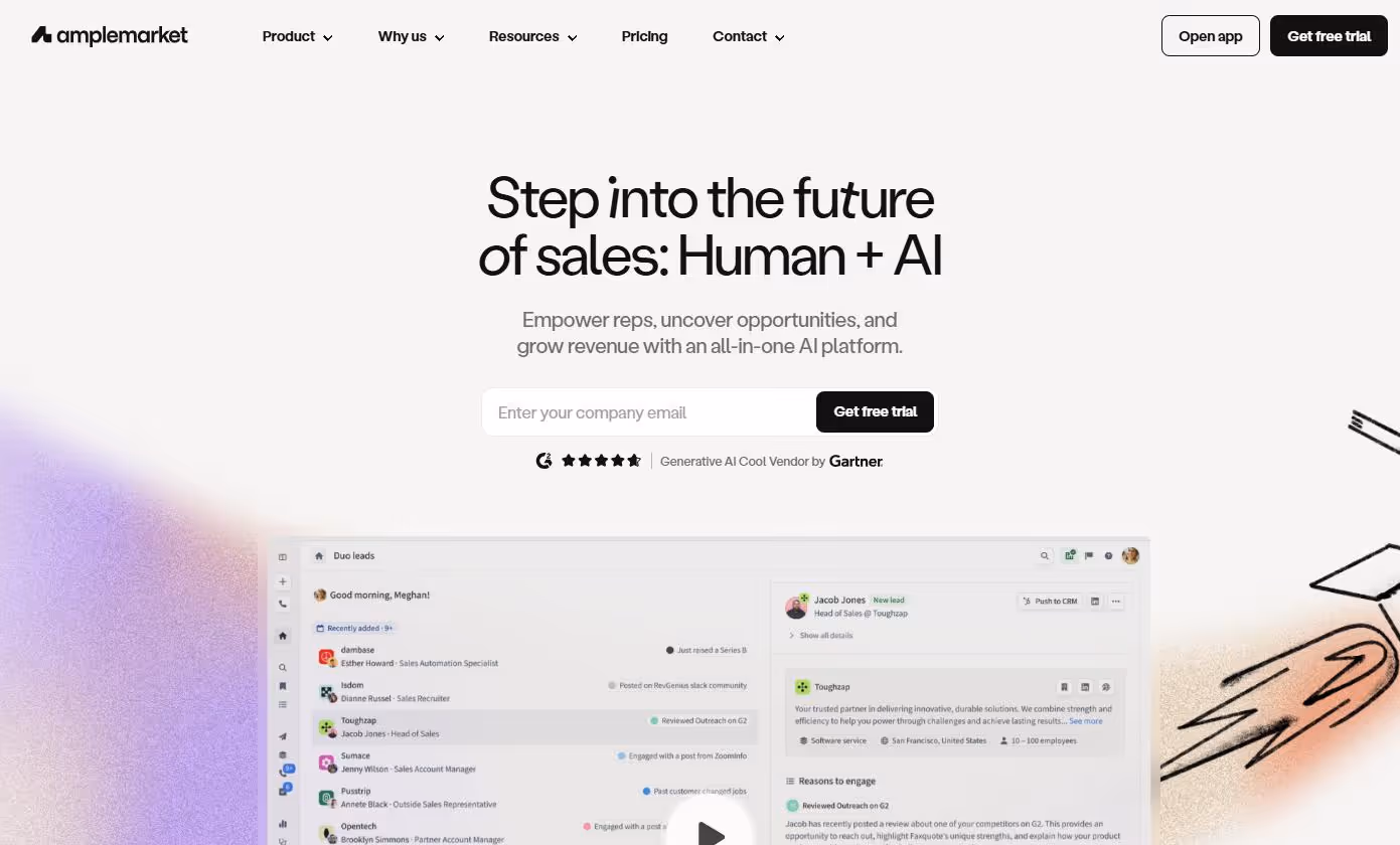 Amplemarket website homepage showcasing AI-powered sales platform.