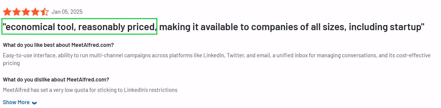 Highlighted review quote: "economical tool, reasonably priced, making it available to companies of all sizes, including startup"