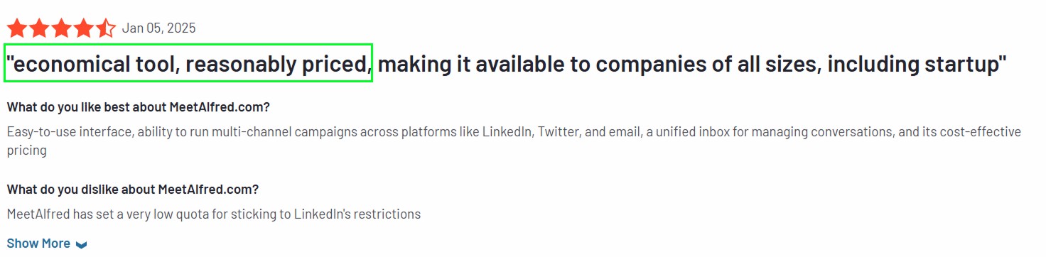 Highlighted review quote: "economical tool, reasonably priced, making it available to companies of all sizes, including startup"