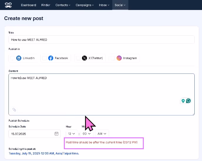 Schedule social media posts in Meet Alfred