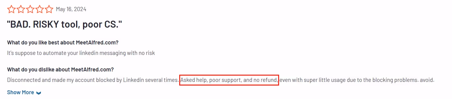 Review of MeetAlfred.com with a red box around "Asked help, poor support, and no refund"