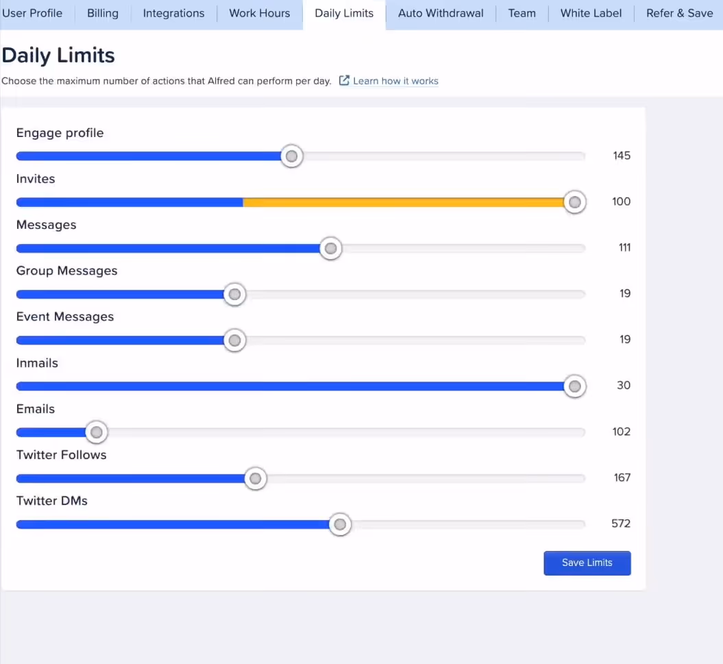 Meet Alfred's daily limits settings for LinkedIn automation with adjustable sliders for various actions.