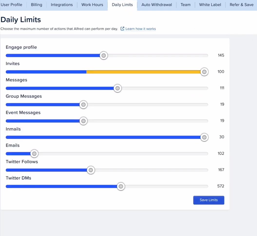 Meet Alfred's daily limits settings for LinkedIn automation with adjustable sliders for various actions.