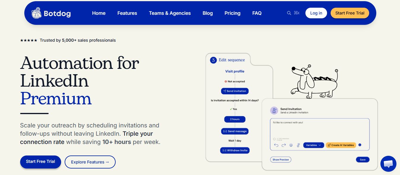 Botdog homepage with headline "Automation for LinkedIn Premium"