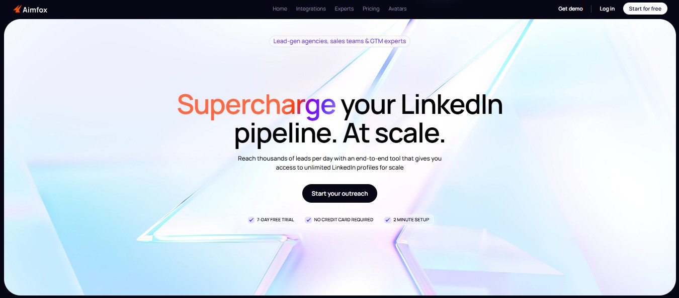 The Aimfox homepage features the headline "Supercharge your LinkedIn pipeline. At scale." with a modern, abstract background. 