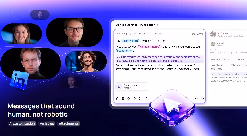 An illustration of a digital communication interface with avatars and text messages, emphasizing human-sounding, non-robotic messages