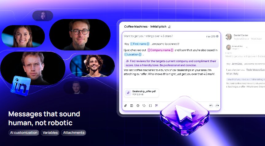 An illustration of a digital communication interface with avatars and text messages, emphasizing human-sounding, non-robotic messages