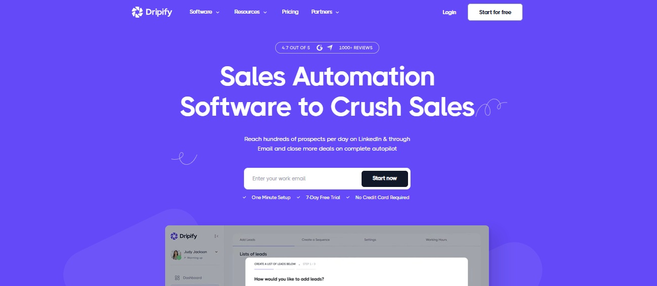 The Dripify homepage showcases "Sales Automation Software to Crush Sales" with a prominent email input field and "Start now" button. 