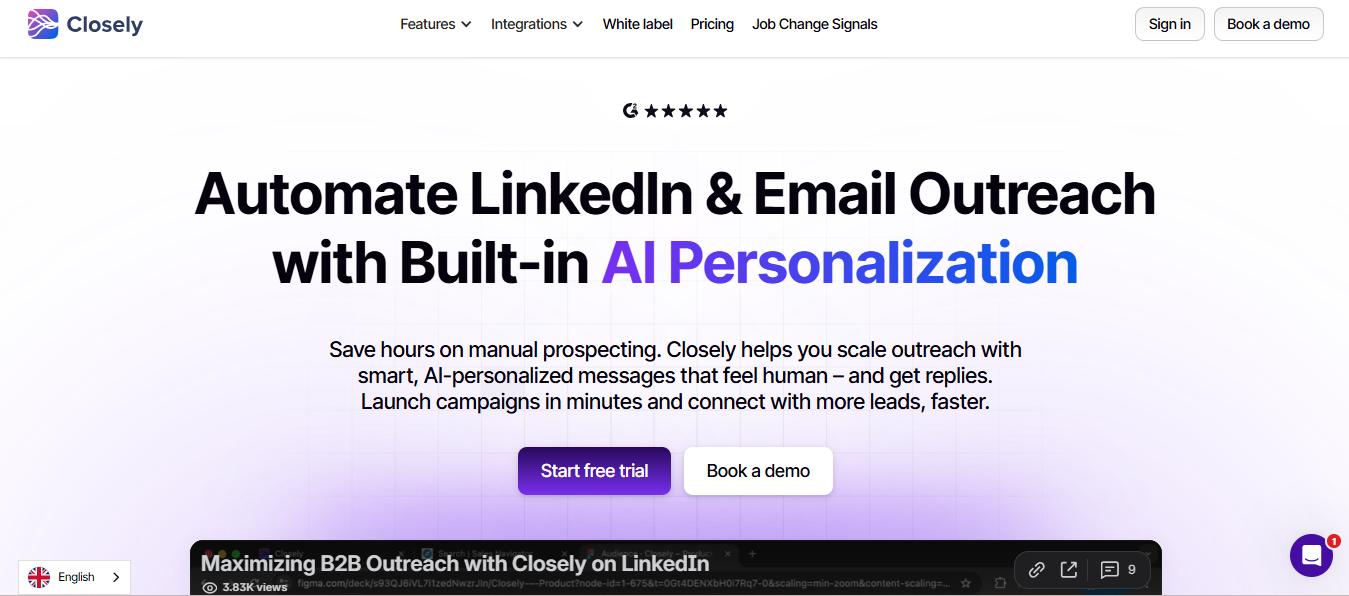 Closely homepage with headline "Automate LinkedIn & Email Outreach with Built-in AI Personalization