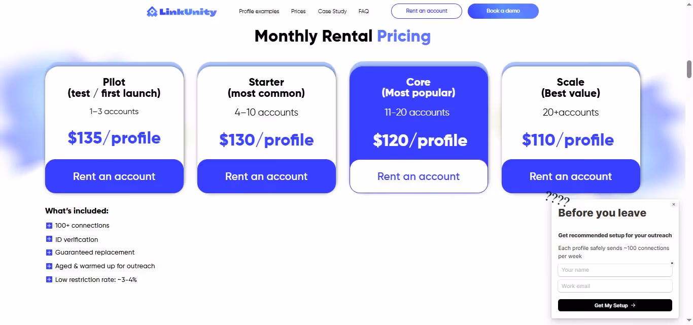  Screenshot of LinkUnity monthly rental pricing page with four tiers: Pilot, Starter, Core, and Scale