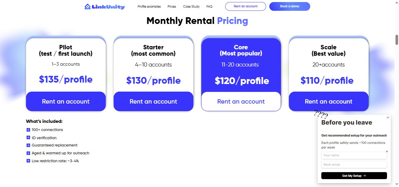 Screenshot of LinkUnity monthly rental pricing page with four tiers: Pilot, Starter, Core, and Scale
