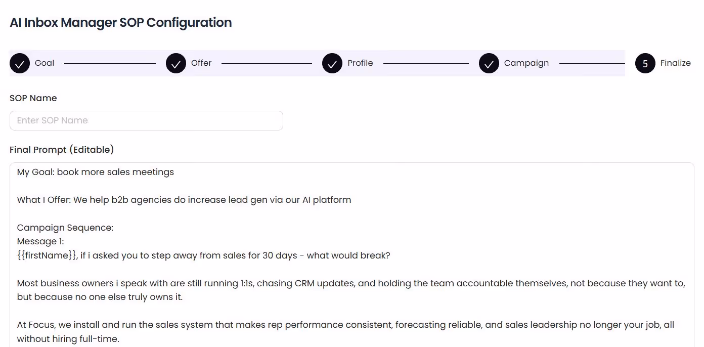 SalesRobot AI Inbox Manager SOP Configuration page with fields for Goal, Offer, Profile, Campaign, and Finalize.
