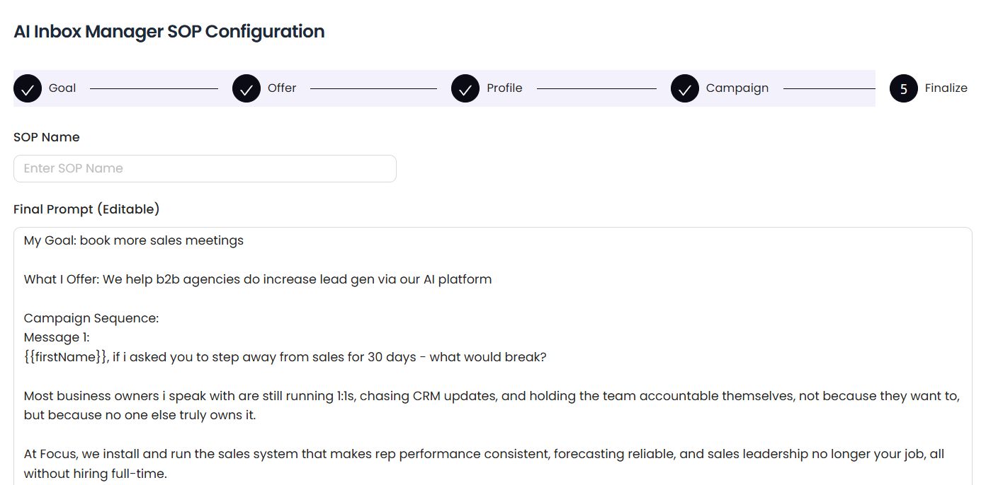 SalesRobot AI Inbox Manager SOP Configuration page with fields for Goal, Offer, Profile, Campaign, and Finalize.