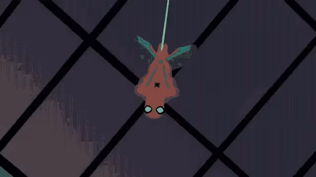 Spiderman hanging upside down.
