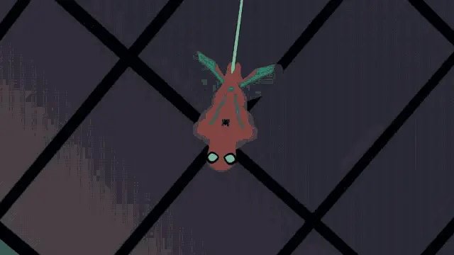 Spiderman hanging upside down.