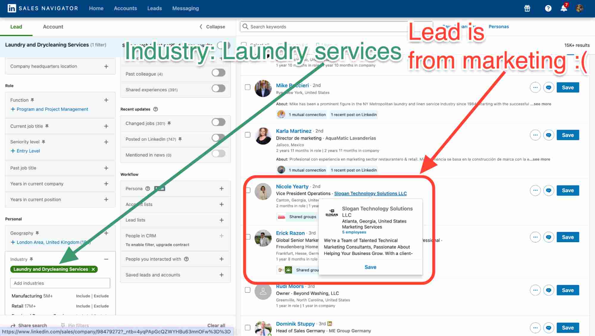 sales navigator industry keyword filter and mismatching search result.