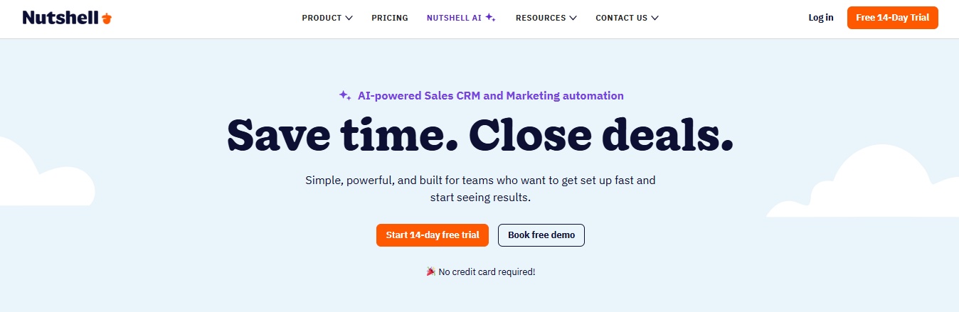The Nutshell homepage displays "Save time. Close deals." prominently.