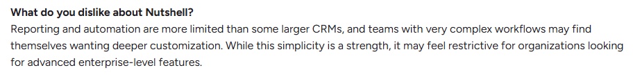 A review mentioning Nutshell's reporting and automation limitations for complex workflows.